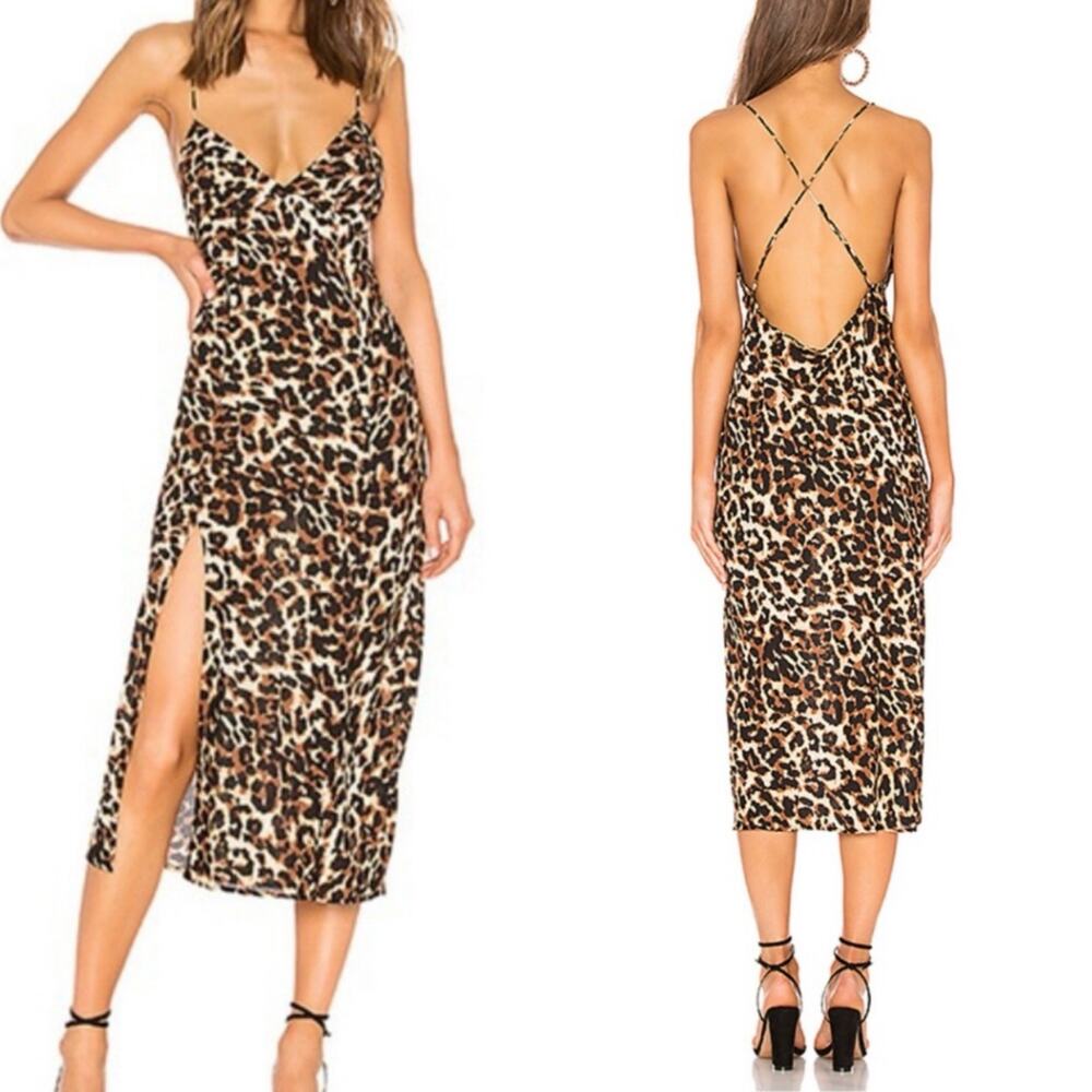 Endless‎ Summer Harper Slip Dress Midi Leopard Open Back Slit Semi-Sheer Small S